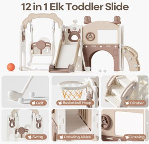 lot 12 image: Mloong 12 in 1 Toddler Slide and Swing Set, Kids Slide for Toddlers 1-3 Years Old Baby, Indoor Outdoor with Basketball Hoop Drawing Golf for Kids Easy Assembly(Beige & Rosy Brown)(826741in)