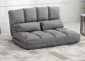 lot 40 image: HOMCOM Convertible Floor Sofa Chair, Folding Couch Bed, Guest Chaise Lounge with 2 Pillows, Adjustable Backrest and Headrest, 40.25 L, Light Gray