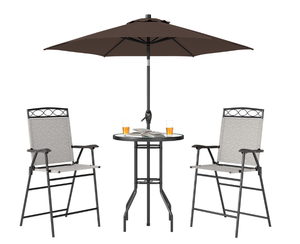 lot 18 image: Outsunny 4 Piece Outdoor Bar Set with Umbrella, Patio Dining Set with 2 Folding Chairs, Wave Textured Tempered Glass Table for Backyard, Garden, Deck, Poolside, Beige
