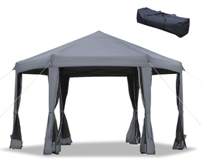 lot 20 image: Outsunny 13 x 11 Hexagonal Pop Up Gazebo, Heavy Duty Outdoor Canopy Tent with 6 Mesh Sidewall Netting, 3-Level Adjustable Height and Strong Steel Frame, Gray