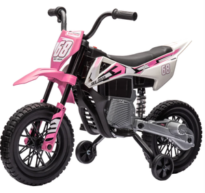 lot 57 image: Qaba 12V Kids Electric Motorcycle w Twist Grip Throttle, Training Wheels, Rear Suspension & Music, Pink