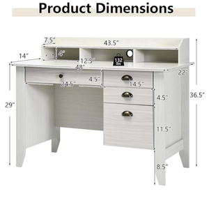 lot 59 image: GOFLAME 48 Computer Desk with Hutch, Vintage Home Office Desk with Storage Drawers & Shelves, Space Saving Laptop PC Table, Wooden Study Writing Workstation, White