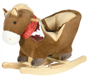 lot 100 image: Qaba Baby Rocking Horse, Riding Horse, Plush Animal Rocker with Realistic Sound, Pedals for Ages 18-36 Months, Brown