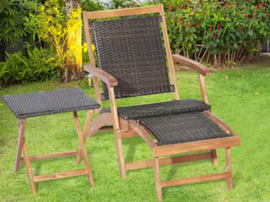 lot 222 image: Costway 2-Piece Patio Rattan Folding Lounge Chair Table Acacia Wood with Retractable Footrest