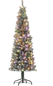lot 195 image: HOMCOM 6 ft Pencil Christmas Tree, Pre-Lit Flocked Xmas Tree with Dual Color LED Lights, 429 Tips and Metal Stand, Green