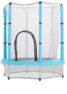 lot 394 image: Qaba 4.6FT Toddler Trampoline w Safety Net, Recreational Trampoline for Indoor Outdoor, Dolphin Pattern, Light Blue