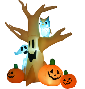 lot 398 image: HOMCOM 7.5 Tall Lighted Halloween Inflatables Outdoor Decorations Haunted Tree With Owl, Ghost, Pumpkins, Blow Up LED Yard Decor for Garden, Lawn, Party, Holiday, Waterproof