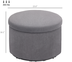 lot 144 image: HOMCOM 24 Inches Round Storage Ottoman Stool with Lid, Upholstered Corduroy Foot Rest for Living Room, Bedroom, Gray
