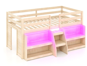lot 320 image: Costway Twin Size Loft Bed with LED Lights with Staircase and Safety Guardrail, Natural (Maybe Missing Hardware)