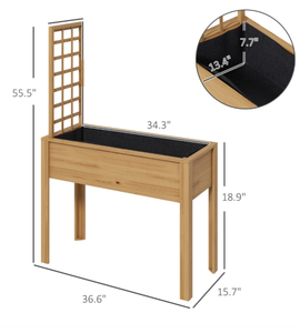 lot 321 image: Outsunny Elevated Wood Planter with Trellis for Climbing Plants, Raised Garden Bed with Legs, Drainage Holes & Filter Natural
