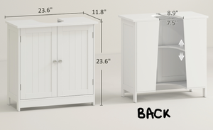 lot 322 image: HOMCOM Under Sink Bathroom Cabinet, Pedestal Sink Storage Cabinet with 2 Doors, Shelf and U-Shape, White (USEED, Maybe Missing Hardware. Attempted To Assemble)