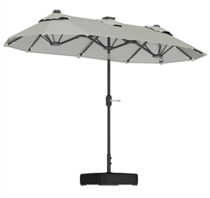 lot 325 image: Outsunny Double-sided Outdoor Patio Umbrella with Solar Lights and Base, Dining Table Umbrella Push Button Tilt, Gray