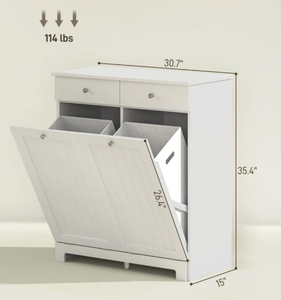 lot 326 image: HOMCOM Laundry Hamper Cabinet, Laundry Cabinet with 2 Tilt Out Laundry Baskets and 2 Drawers, White