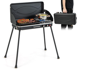 lot 342 image: HAPPYGRILL Portable Camping Stove, 2-Burner Propane Grill Cooker with Removable Leg Stand, Roast Grill, Dual Control Knobs, Wind Guards, Outdoor Gas Grill for Camping BBQ Picnic (Black)