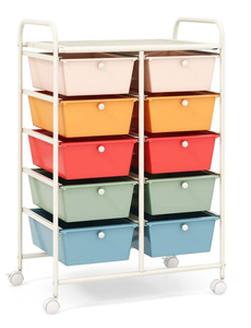 lot 344 image: Costway - 10 Drawer Storage Cart Utility Rolling Trolley Kitchen Office Organizer - Macaron