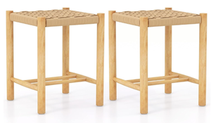 lot 350 image: COSTWAY Patio Wooden Dining Stools Set of 2, 14-inch Wide Rustic Backless Saddle Stools with Rubber Wood Frame and Woven Paper Seat, 18-inch Height OutdoorIndoor Counter Stools for Backyard Kitchen (Maybe Missing Hardware)