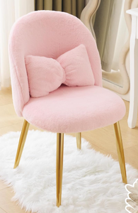 lot 381 image: VINGLI Fluffy Girls Vanity Chair with Back & Pillow,Cute Small Cozy Desk Chair No Wheels,Comfy Makeup Ch with Ajustable Gold Legs,for Bedroom,Living Room,Small Space,Pink