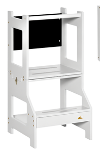 lot 383 image: Qaba Kids Kitchen Step Stool, 2 in 1 Kitchen Table Set Toddler Standing Tower with Chalkboard, Safety Rail for Kitchen, Bathroom, Bedroom, Gray (Slightly Used, Attempted To Assemble. No Manual)