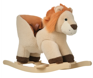 lot 482 image: Qaba Baby Rocking Horse Lion with Sound, Plush Stuffed Rocking Animals, Wooden Rocking Horse with Seat Belt for 18-36 Months Boys and Girls Gift, Brown (Slightly Used , Transit Damage)