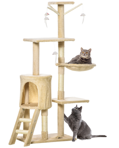 lot 168 image: PawHut 53 Plush Sturdy Interactive Cat Condo Tower Scratching Post Activity Tree House - Beige (Slightly Used, Missing Parts or Pieces)