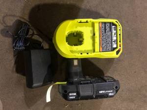 lot 39 image: RYOBI ONE 18V Lithium-Ion 2.0 Ah Compact Battery and Charger Starter Kit  Customer Returns See Pictures