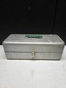 lot 28 image: Silver fishing box with contents