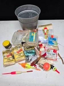 lot 42 image: Silver pail full of random fishing items