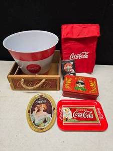 lot 72 image: Coke Lot- cards, small trays, wood crate, lunch bag