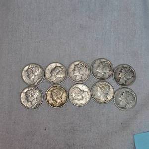 lot 43 image: Lot of 10 Mercury Silver Dimes, 10c