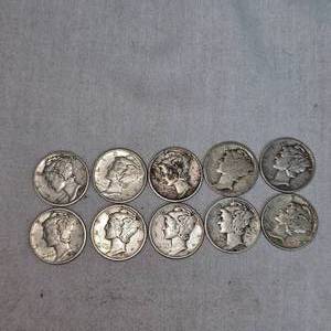 lot 44 image: Lot of 10 Mercury Silver Dimes, 10c