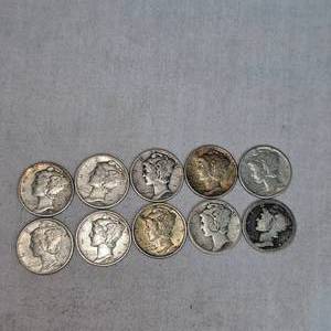 lot 57 image: (10) Mercury Silver Dimes Assortment