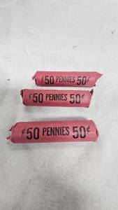 lot 8 image: 3-Unsearched Rolls Wheat Back Pennies, 1c