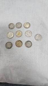 lot 11 image: (10) Assortment of Pre 64 Roosevelt Silver Dimes, 10c