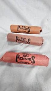 lot 17 image: (3) Rolls Unsearched Wheat Back Pennies, 1c