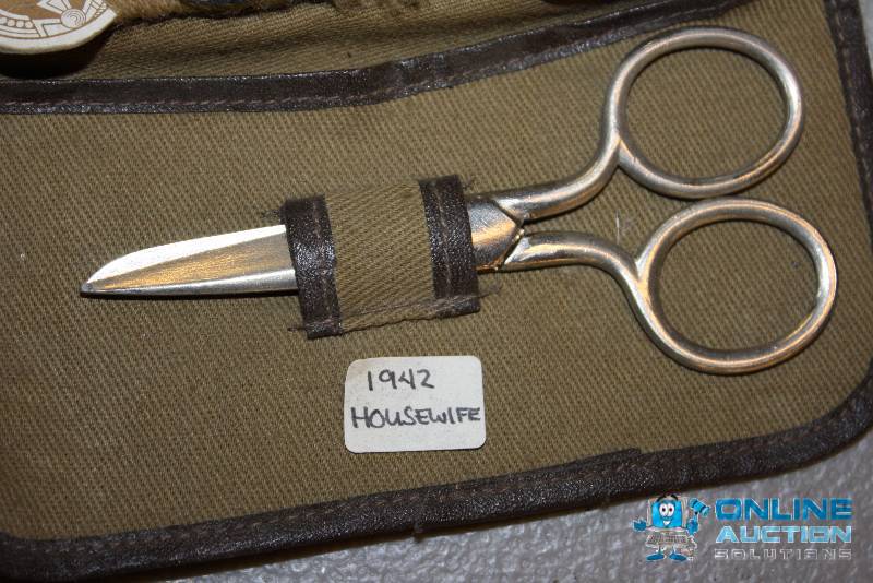 lot 195 image: U.S. Military Housewife Sewing Kit 1942 Includes Scissors & Safety Pins.