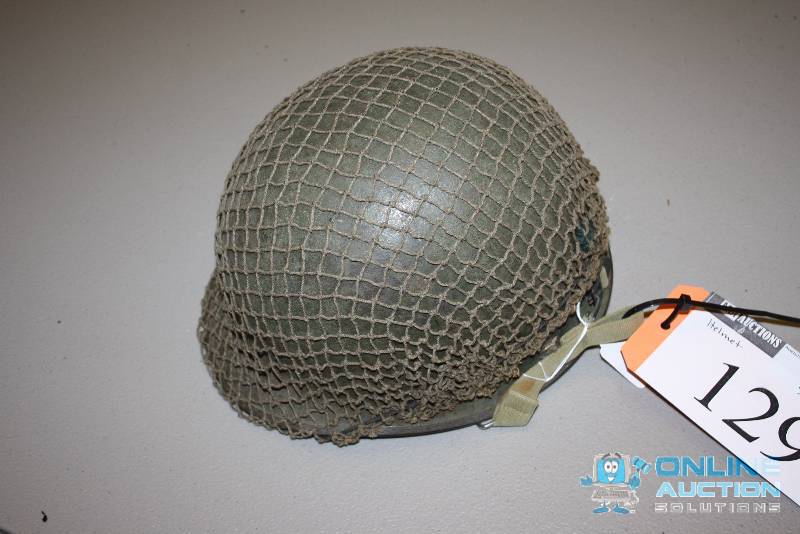 lot 129 image: M1 Military Helmet wMesh Covering.