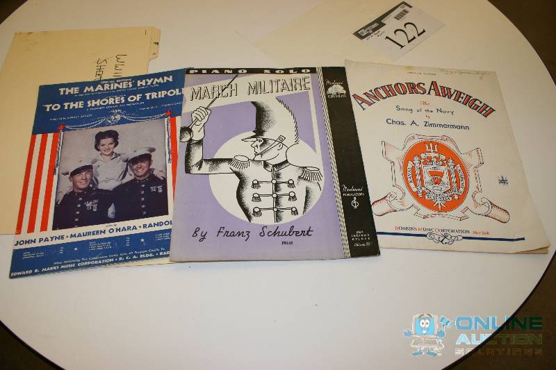 lot 122 image: Lot of (3) WWII Sheet Music March Militaire Anchors Aweigh The Mariners Hymn.