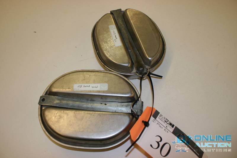 lot 30 image: Lot of (2) U.S. Military Mess Kits wSilverware & Over Top Slide Latch 1943 & 1944.