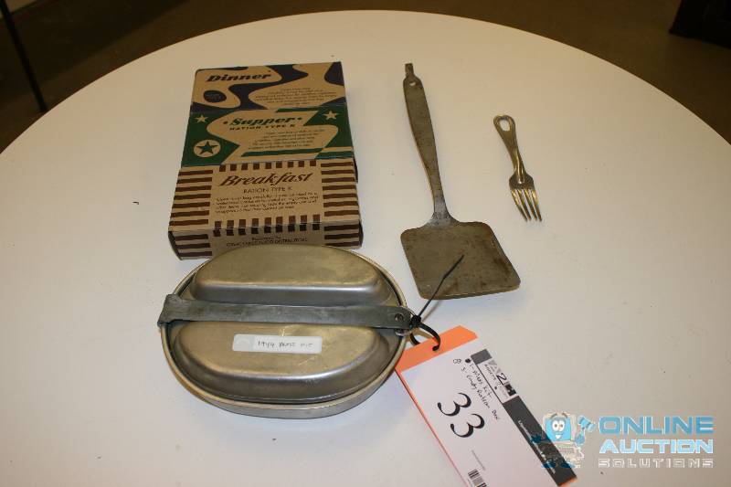 lot 33 image: Lot of (6) Including Military Mess Kit wSilverware, 1942 Empty Ration Boxes Cooking Utensils.