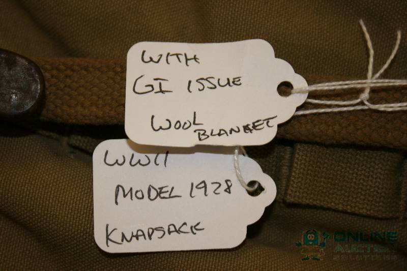 lot 172 image: Lot of (2) Including WWII Model 1928 Knapsack GI Issue Wool Blanket.
