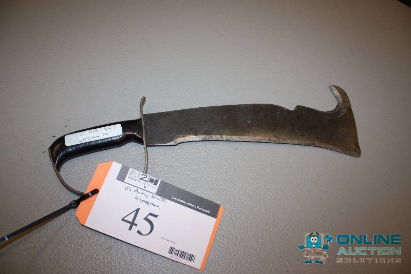 lot 45 image: U.S. Army WWII Woodsmans Pal Knife Hooked End For Hacking.