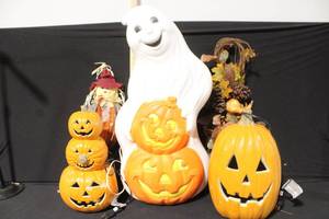 lot 3 image: Large Halloween Lighted Blow Mold Decorations Including Ghost and Jack-O-Lanterns