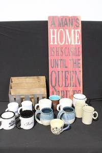 lot 6 image: Assorted Coffee Mug Set with Decorative Sign and Mail Organizer