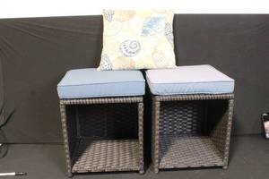 lot 20 image: Pair of Wicker Patio Ottomans with Cushions and Decorative Pillow