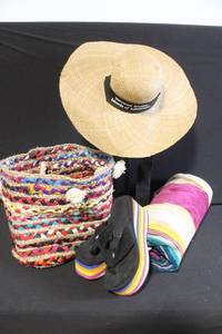 lot 76 image: Beach Set with Straw Hat, Woven Tote, Platform Sandals, and Striped Towel