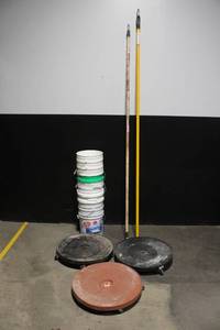 lot 77B image: Set of 2 Paint Extension Poles, 3 Dolly Platforms, and 6 Utility Buckets