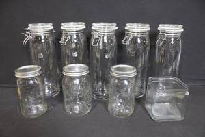 lot 79 image: Collection of Glass Storage Jars - IKEA Tall Jars, Ball Mason Jars, Square Glass Jar