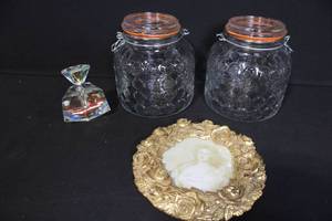lot 80 image: Set of 2 Glass Storage Jars, Crystal Perfume Bottle, and Ornate Picture Frame