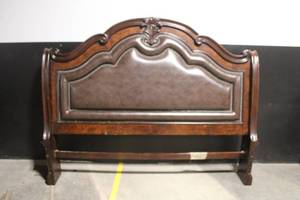 lot 80B image: Ornate Queen Size Wood and Upholstered Headboard with Footboard