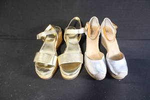 lot 206 image: Set of 2 Womens Wedge Sandals Gold and Silver